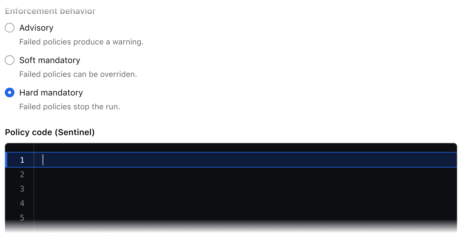 A Code Editor embedded in a form following a set of radio buttons. It has the heading “Policy code (Sentinel)” immediately before.